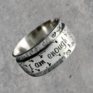 I Am Enough Sterling Silver Dandelion Ring, Boho Silver Mantra Ring